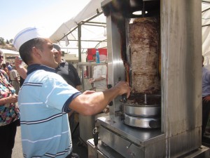 Shawarma is roast lamb in pita bread.